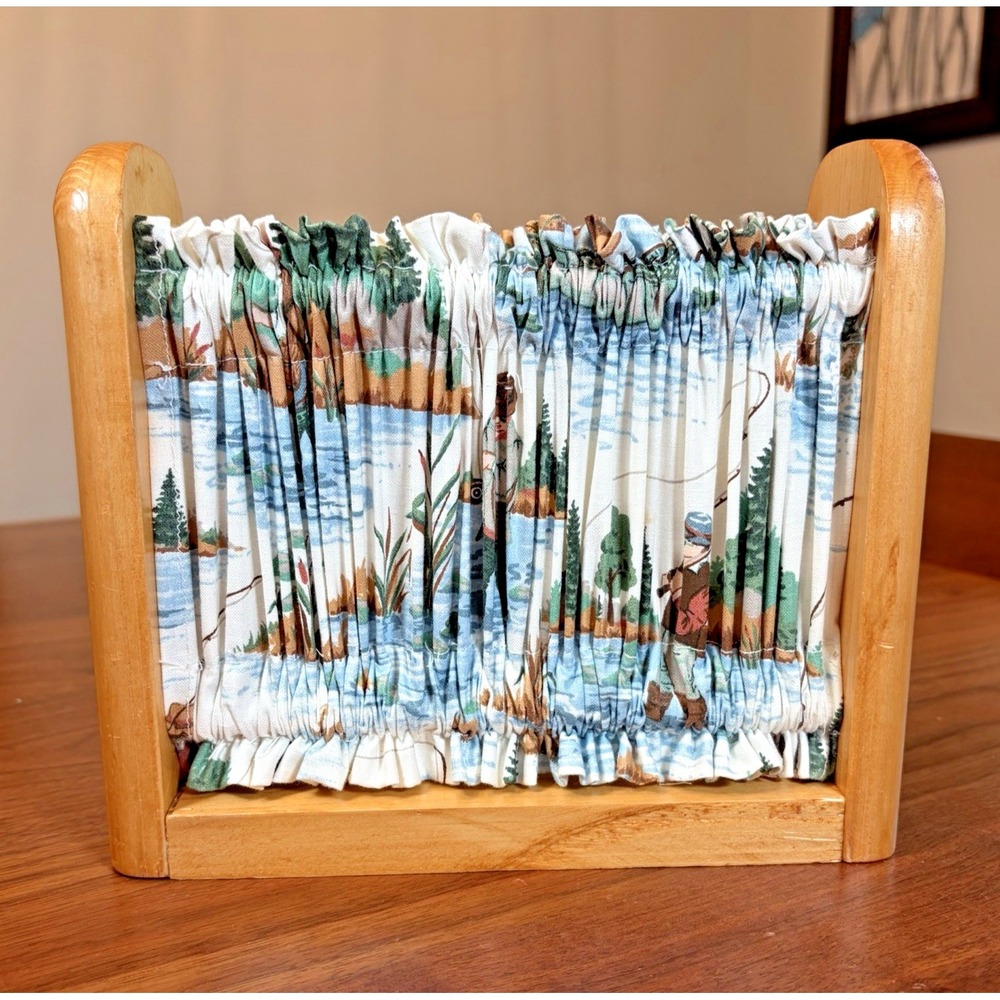 Vintage Curtain Napkin Holder Wood fishing Cottagecore Rustic cabin Decor